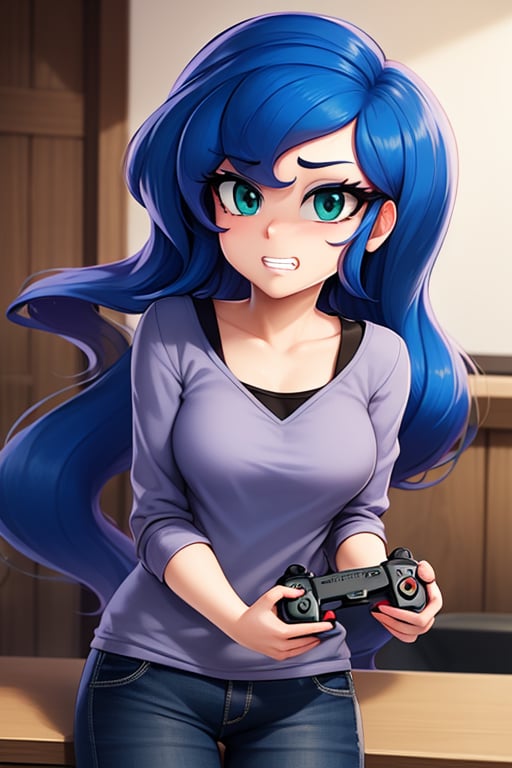 princess_luna wearing casual clothes, holding a game controller, clenched teeth, toon style <lora:luna-08:0.9>, masterpiece, best quality