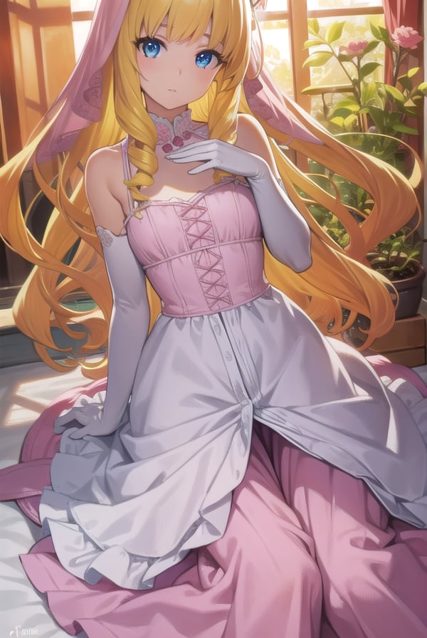 latifafleuranza, <lyco:latifafleuranza-lyco-nochekaiser:1>,latifa fleuranza, (yellow hair:1.5), blue eyes, long hair, (flat chest:1.2),BREAK diadem, tiara, elbow gloves, gloves, white gloves, dress, frilled dress, long skirt, frilled skirt, corset, (pink dress:1.5),BREAK looking at viewer, full body,BREAK indoors,BREAK <lyco:GoodHands-beta2:1>, (masterpiece:1.2), best quality, high resolution, unity 8k wallpaper, (illustration:0.8), (beautiful detailed eyes:1.6), extremely detailed face, perfect lighting, extremely detailed CG, (perfect hands, perfect anatomy),