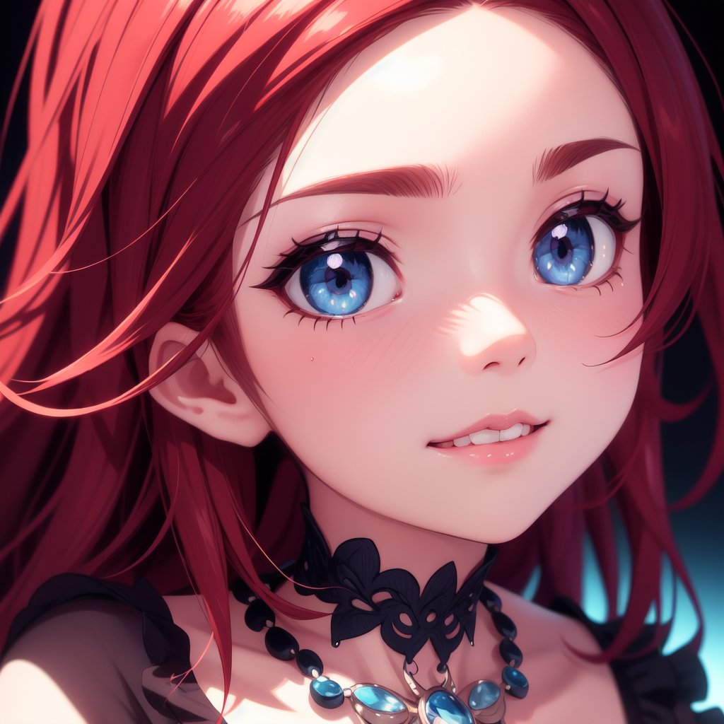 a close up from 1 beautiful and cute girl, extreme close-up, detailed blue-silver eyes, ((long red hair)),  beautiful dainty necklace,  shy smile,  (masterpiece:1.2), (best quality:1.2), newest, ai-generated, ultra-detailed, best shadow, detailed background, high contrast, (best illumination, an extremely delicate and beautiful), ((cinematic light)), hyper detail, dramatic light, intricate details, 8k, anime, very aesthetic, vibrant color,