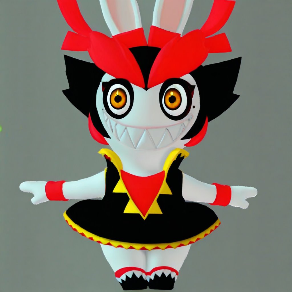 , sharp teeth, anthro  rabbit, Mole on  face, big red eyebrows, miniskirt, Mole, orange eyes, shortstack, ribbons on ears, red   wristbands, red wristbands, Kanya, short  black hair