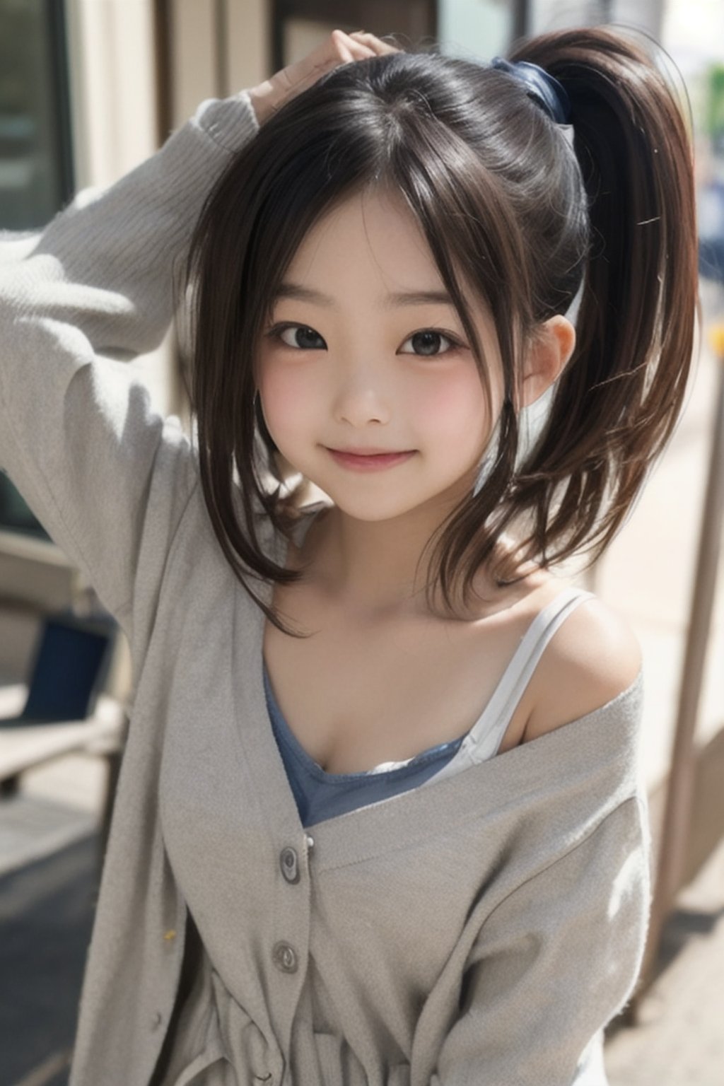 (RAW photo, best quality), masterpiece, beautiful and aesthetic, 16K, (HDR), (vibrant color), details, (potrait shot:1.2), japanese girls, (6 years old:1.4), with a happy expression, big eyes. teeth, happy laugh, moving face, red brown hair, pony_tail, collarbone, cleavage. camisole, cardigan shirt, open-shoulder, armpits, sunshine, street, <lora:EMS-354973-EMS:0.400000>