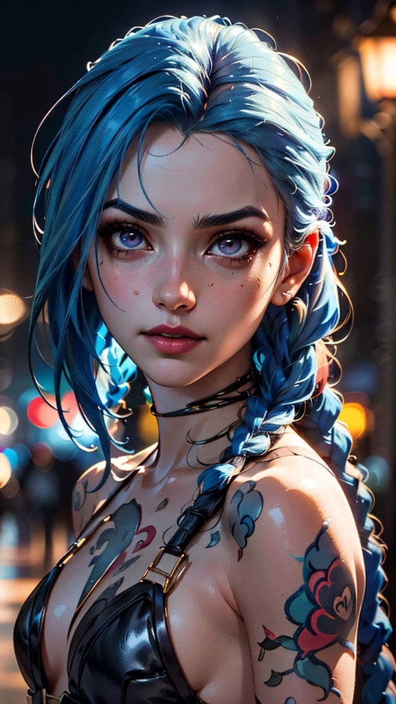 (best quality, masterpiece, colorful, dynamic angle, highest detailed)(Jinx, Legue of Legends, Arcane) upper body professional photo, award winning fashion photography of sexy, intense blue long hair, Jinx  <lora:JinxLol:1>, Legue of Legends, Arcane, flirting, bokeh, (intricate details, hyperdetailed:1.15), detailed, moonlight passing through hair, perfect night (fantasy background, extreme detailed, highest detailed, natural skin texture, hyperrealism, soft light, sharp, perfect face), HDR+