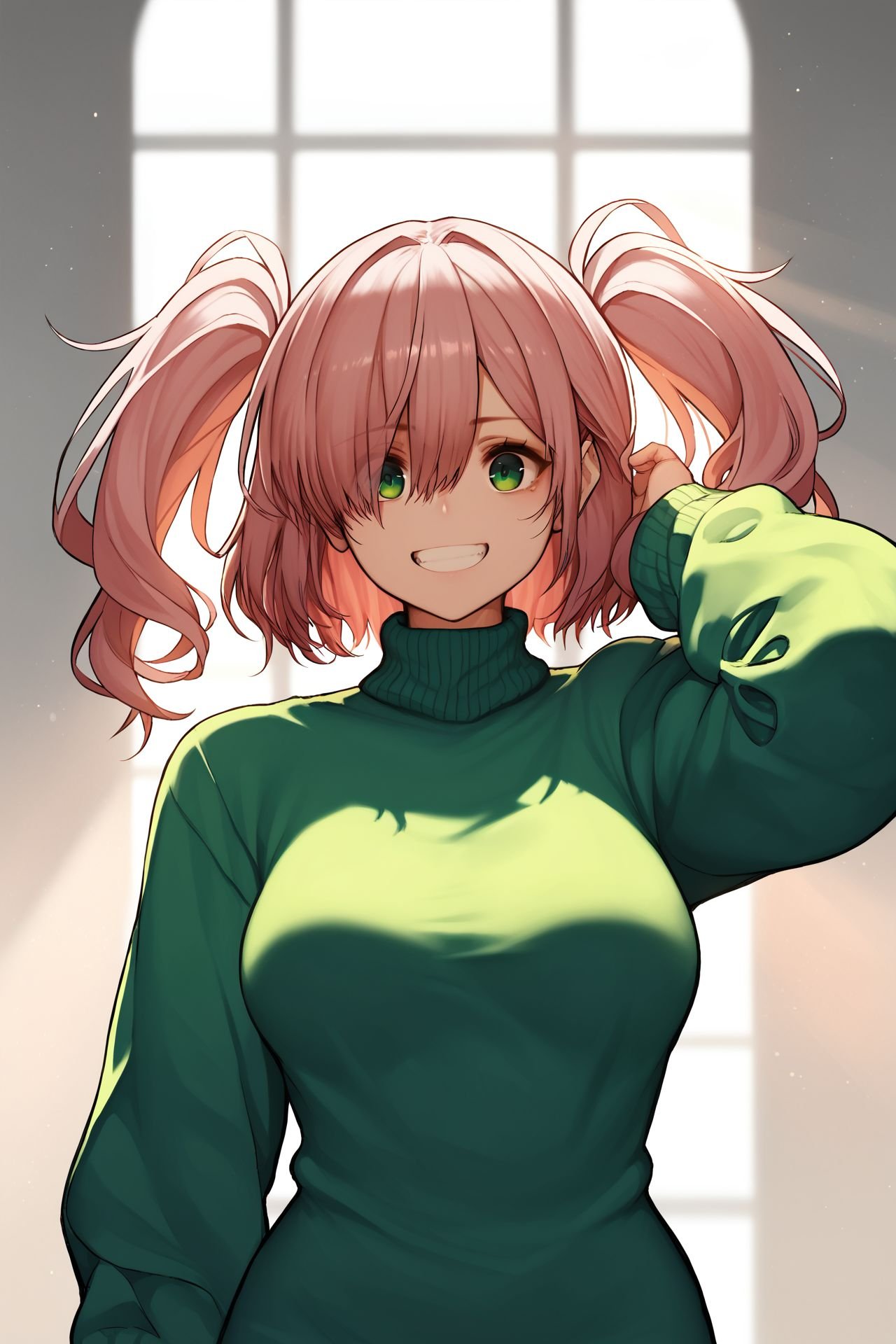 score_9, score_8_up, score_7_up, 1girl, rough female, textured skin, kind smile, pink hair, hair over eyes, two side up, dark green eyes, medium breasts, green sweater dress, god rays <lora:dishwasher1910_PonyXL_style_v03.09:1>