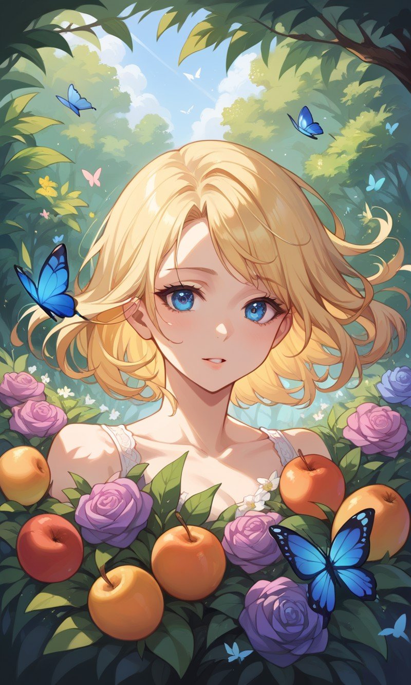 score_9, score_8_up, score_7_up, score_6_up, score_5_up, score_4_up, source_anime, BREAK, portrait, 1girl, solo, blonde hair, blue eyes, masterpiece, best quality, ultra-detailed, floating, beautiful detailed eyes, detailed light, fruits, flowers, colorful, garden, colorful background, forest, bird, butterfly