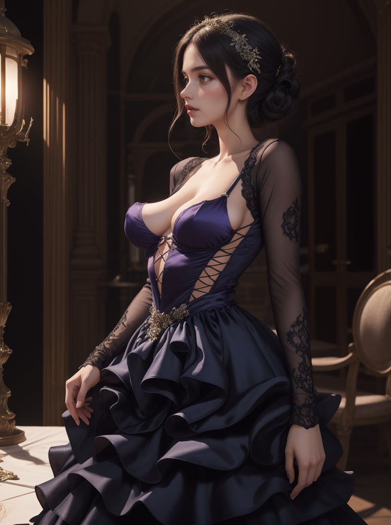 8k, masterpiece, highly detailed, high quality,1girl with (swooping breasts), <lora:swooping_breasts-SD-1.0:1.2>from side, huge breasts, cinematic, long dress, long sleeves, layered dress, ballroom, ballgown, satin dress, layered skirt, bodice, lace-up top, purple dress