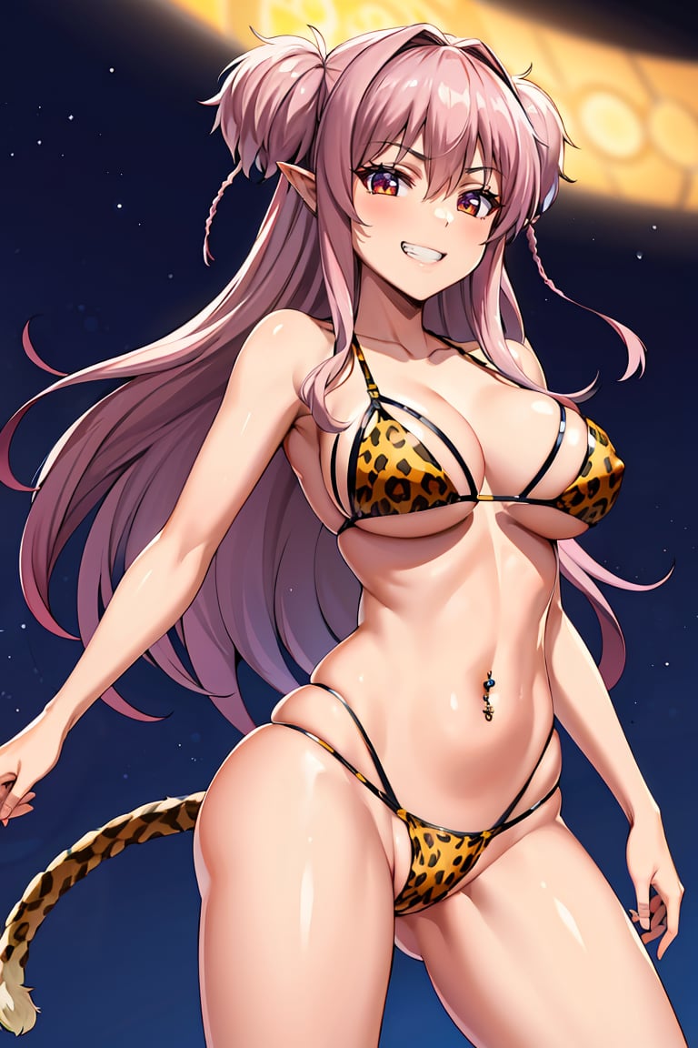 masterpiece, best quality, highres, <lora:Twiska:0.8>, twiska, long hair, two side up, pointy ears, medium breasts, leopard print bikini, navel piercing, thong, highleg, cameltoe, grin