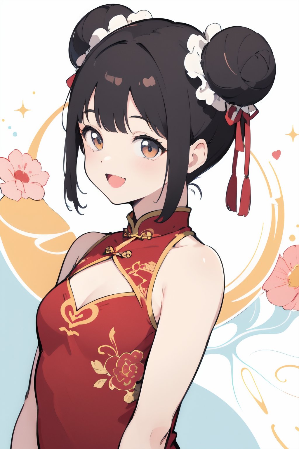 (finely best quality illustration:1.2), (kawaii girl:1.1), (1girl, solo:1.0), (black short hair, double bun:1.0), (red cheongsam, bare shoulders, cleavage cutout:1.0), (flat chest:1.0), ((smile:1.0), (:D:0.9):1.0), (upper body:1.0), (ultra-detailed, highres:1.0),