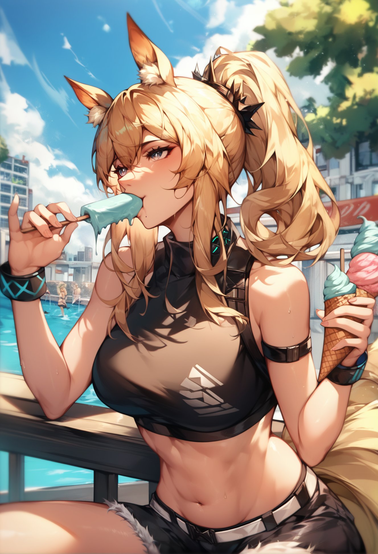 best quality, masterpiece, score_9, score_8_up, ink style,1girl, nearl \(arknights\), blond hair, ponytail, crop top, black short, belly, horse girl, horse ears, eating ice cream, suggestive gaze, (fellatio:0.6),outdoors, summer, city park