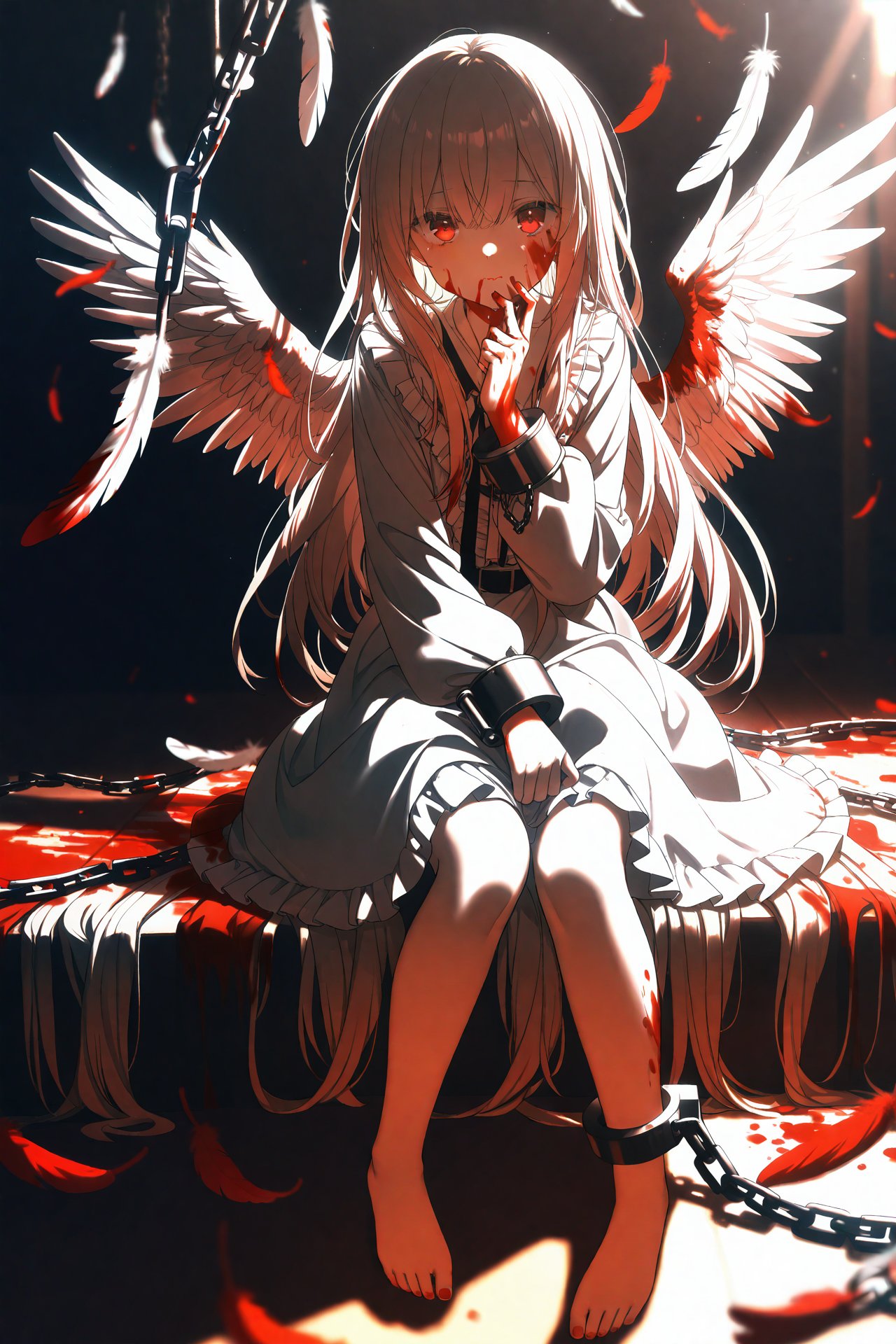 (masterpiece),(best quality),illustration,ultra detailed,hdr,Depth of field,(colorful),loli,1girl,solo,wings,blood,long hair,sitting,chain,red eyes,blood on hands,feathered wings,barefoot,blood on face,blood from eyes,dress,long sleeves,cuffs,feathers,frills,looking at viewer,very long hair,white wings,bandages,shackles,bangs,