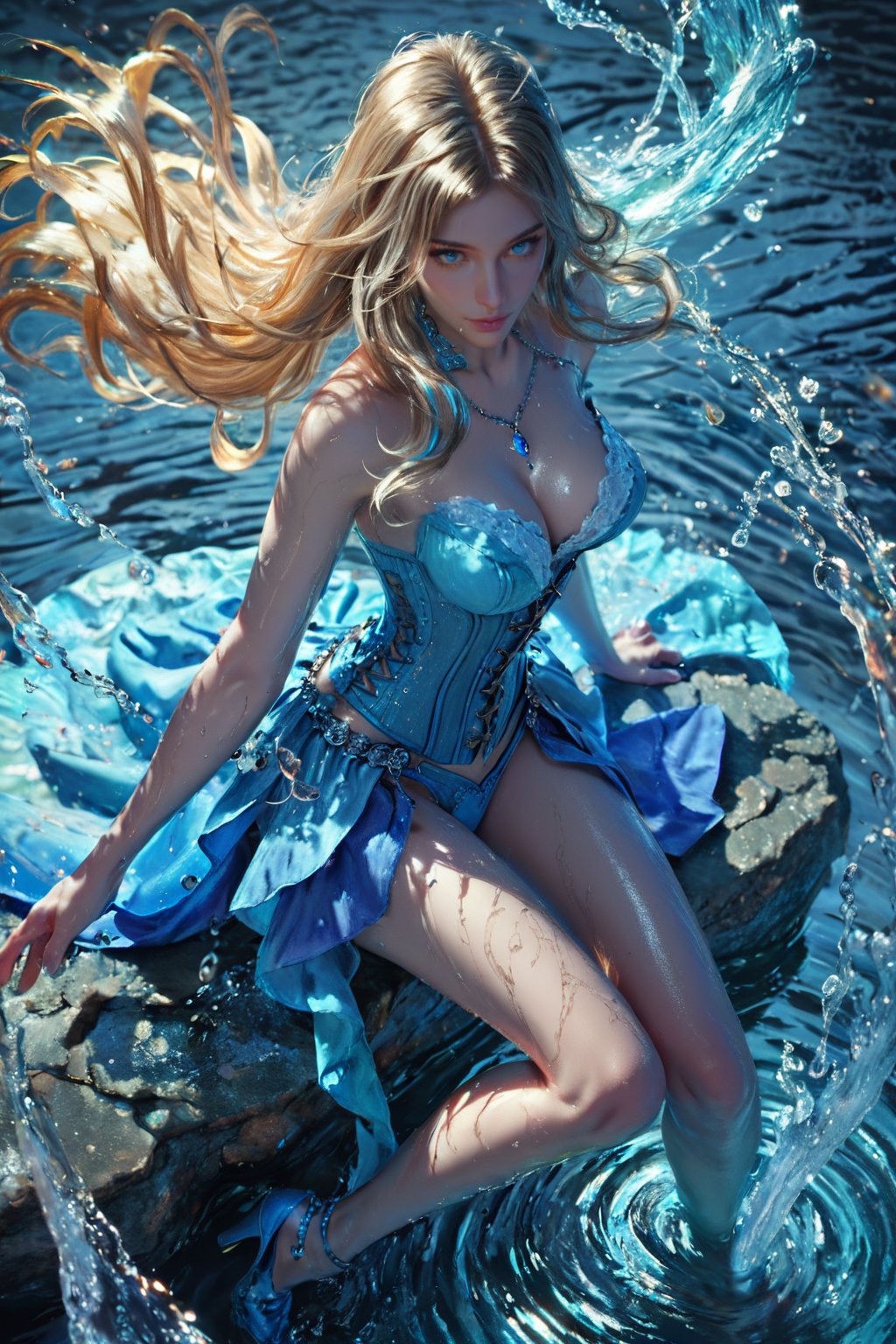 score_9, score_8_up, score_7_up, ethereal, fantasy, a woman in a blue corset, seated on a rock, surrounded by water splashes, dramatic lighting, urban background, dramatic and mystical mood, intricate blue costume, high heels, long flowing hair, serene expression, water droplets, echidna-like pose, high-angle shot, vibrant and dynamic composition., <lora:yushui-pony:0.6>, 