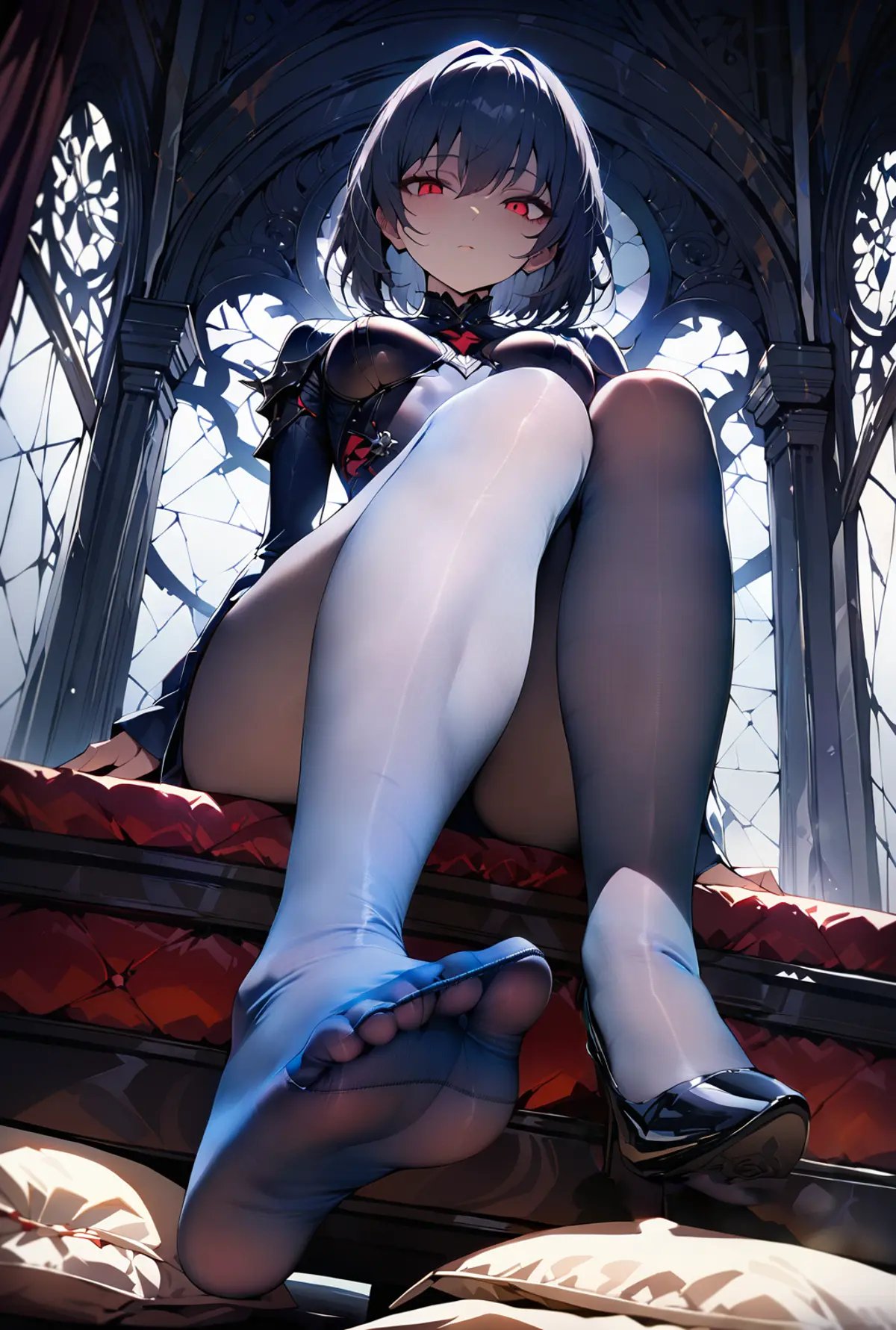 masterpiece,((perfect female body)),looking at viewer,beautifully detailed background,ZIP2D,1girl,blue  pantyhose,,sitting,full body,from below,<lora:pantyhose-a:0.6>,pov,expressionless,yandere,dark_persona, ,