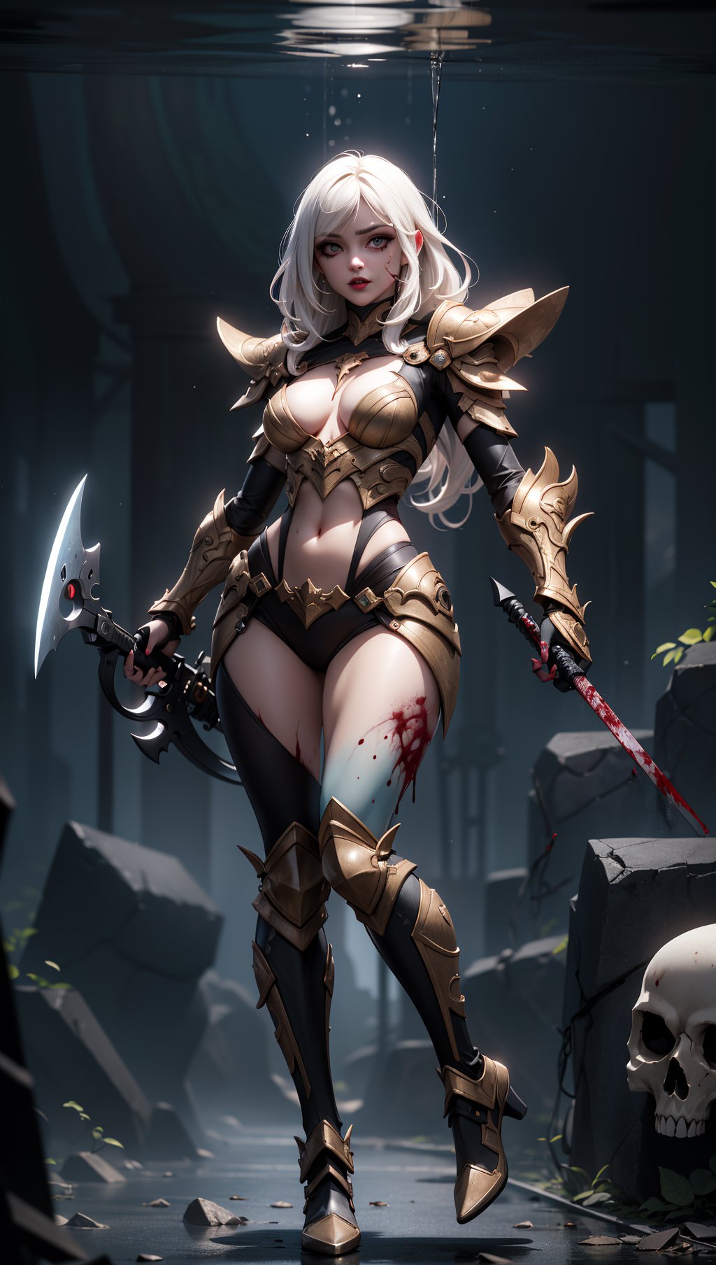 Full body shot,(photorealistic, realistic),masterpiece,absurdres,highres,high quality,ultra detailed,beautiful and aesthetic,horror (theme),1 woman,dynamic pose,shiny skin,lovely face,(holding weapon),enchanted armor,ancient,intricate details,expressive drips,(energetic movement),(sense of depth),glowing aura,in the depths of a gloomy dungeon,illuminated by divine light,(perfect lighting),(mysterious scenery),magical lighting,skull,blood,blood splatter,