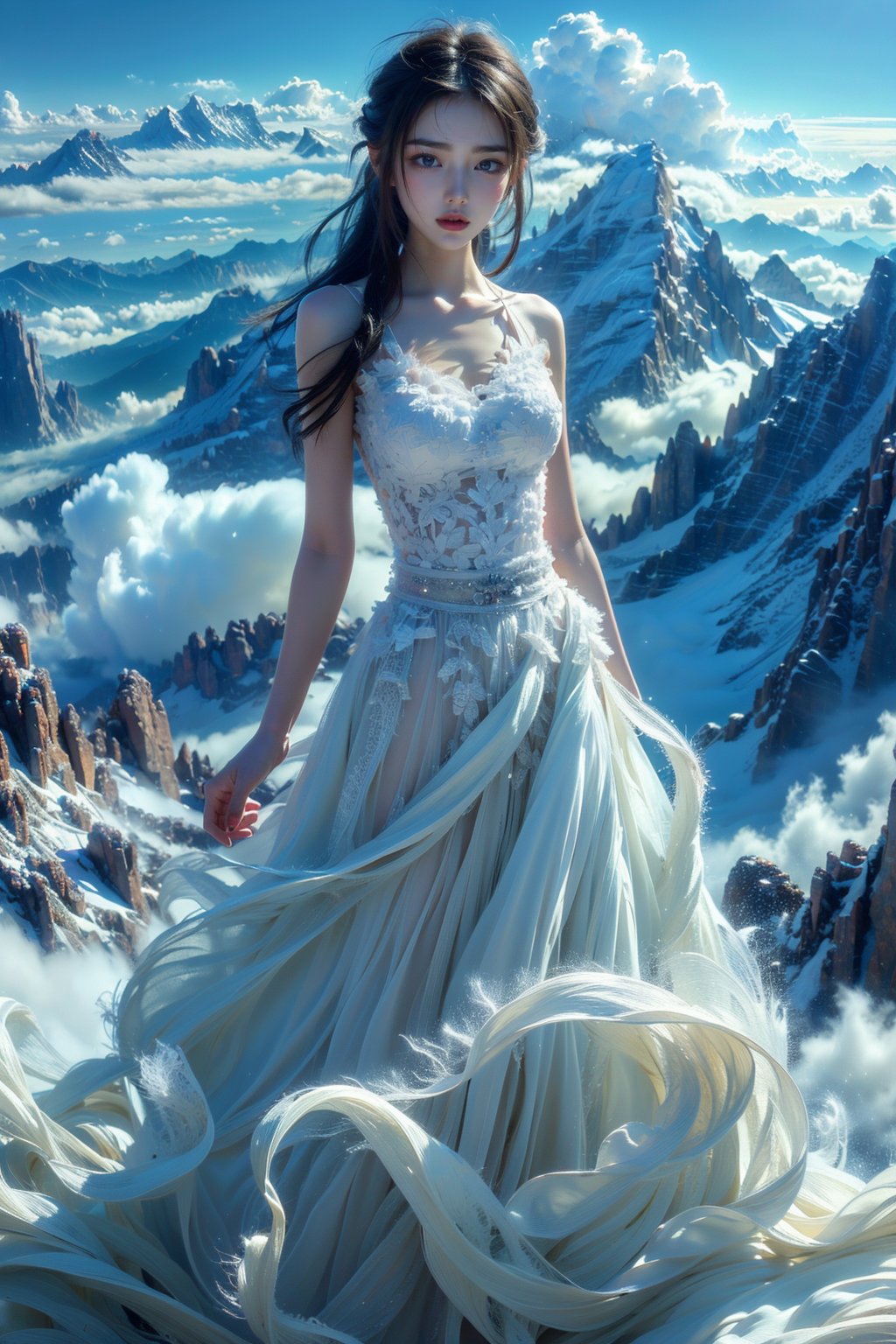 sdzs01,1girl,long hair,mountain,solo,cloud,white dress,black hair,looking at viewer,outdoors,blue sky,bare shoulders,cloudy sky,scenery,<lora:sdzs1.5:0.8>,, best quality, ultra-detailed, masterpiece, finely detail, highres, 8k wallpaper