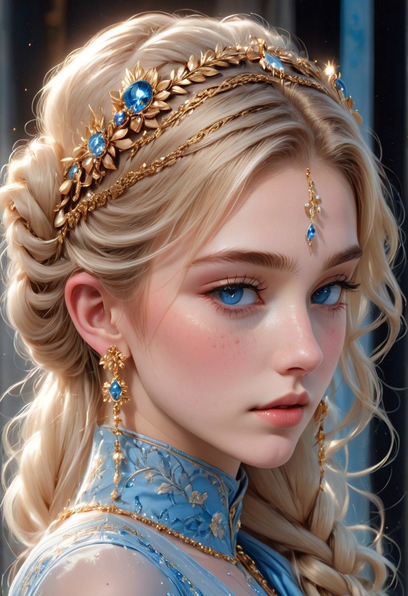 A young woman with long blonde hair and a single hair bun, adorned with a sparkling blue gemstone and gold trim, gazes slightly to the side as if lost in thought. Her bright blue eyes sparkle with a hint of blush on her cheeks. She wears a elegant dress and jewelry, including earrings that catch the light. A delicate head chain adds to her refined features, including parted lips, defined eyelashes, and freckles. The camera captures her from the side, showcasing her porcelain complexion and subtle makeup.<lora:EMS-371090-EMS:0.600000>, <lora:EMS-368063-EMS:0.800000>