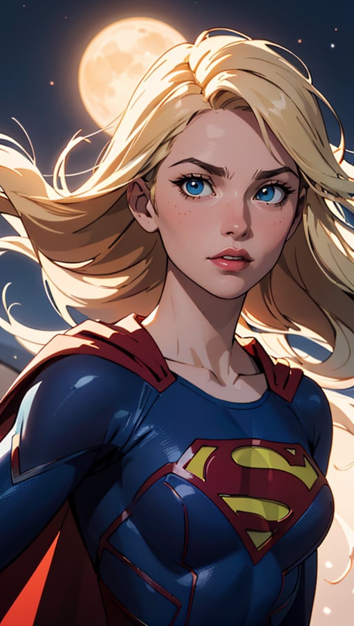 (best quality, masterpiece, colorful, dynamic angle, highest detailed)(Supergirl), upper body photo, fashion photography of cute blonde long hair girl (Supergirl), dressing high detailed Supergirl suit (high resolution textures), in dynamic pose, bokeh, (intricate details, hyperdetailed:1.15), detailed, moonlight passing through hair, perfect night, (fantasy background), (official art, extreme detailed, highest detailed), HDR+