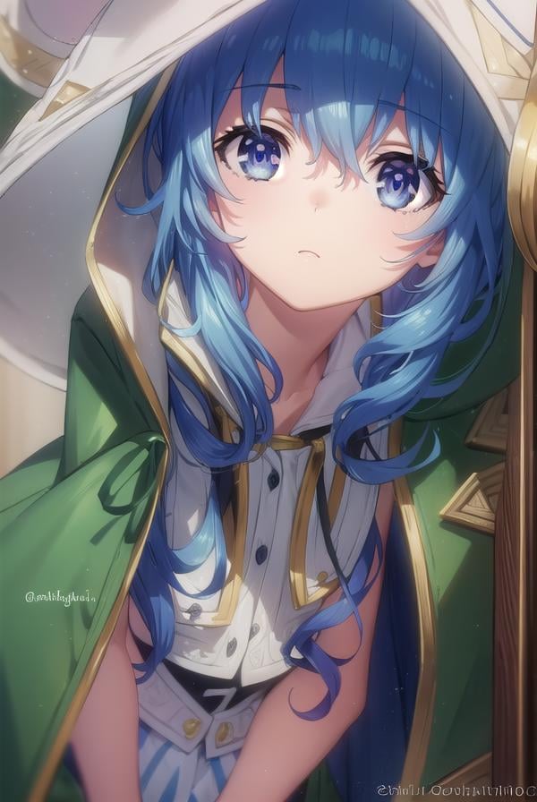 dalyoshino, <lora:dal yoshino s2-lora-nochekaiser:1>,yoshino astral dress, long hair, blue eyes, ribbon, animal ears, hair between eyes, blue hair, hood, rabbit ears, coat, hood up, animal hood, rabbit hood, green coat,BREAK ,BREAK outdoors, city, sky, clouds, buildings, sun,BREAK looking at viewer, (cowboy shot:1.5),BREAK <lyco:GoodHands-beta2:1>, (masterpiece:1.2), best quality, high resolution, unity 8k wallpaper, (illustration:0.8), (beautiful detailed eyes:1.6), extremely detailed face, perfect lighting, extremely detailed CG, (perfect hands, perfect anatomy),