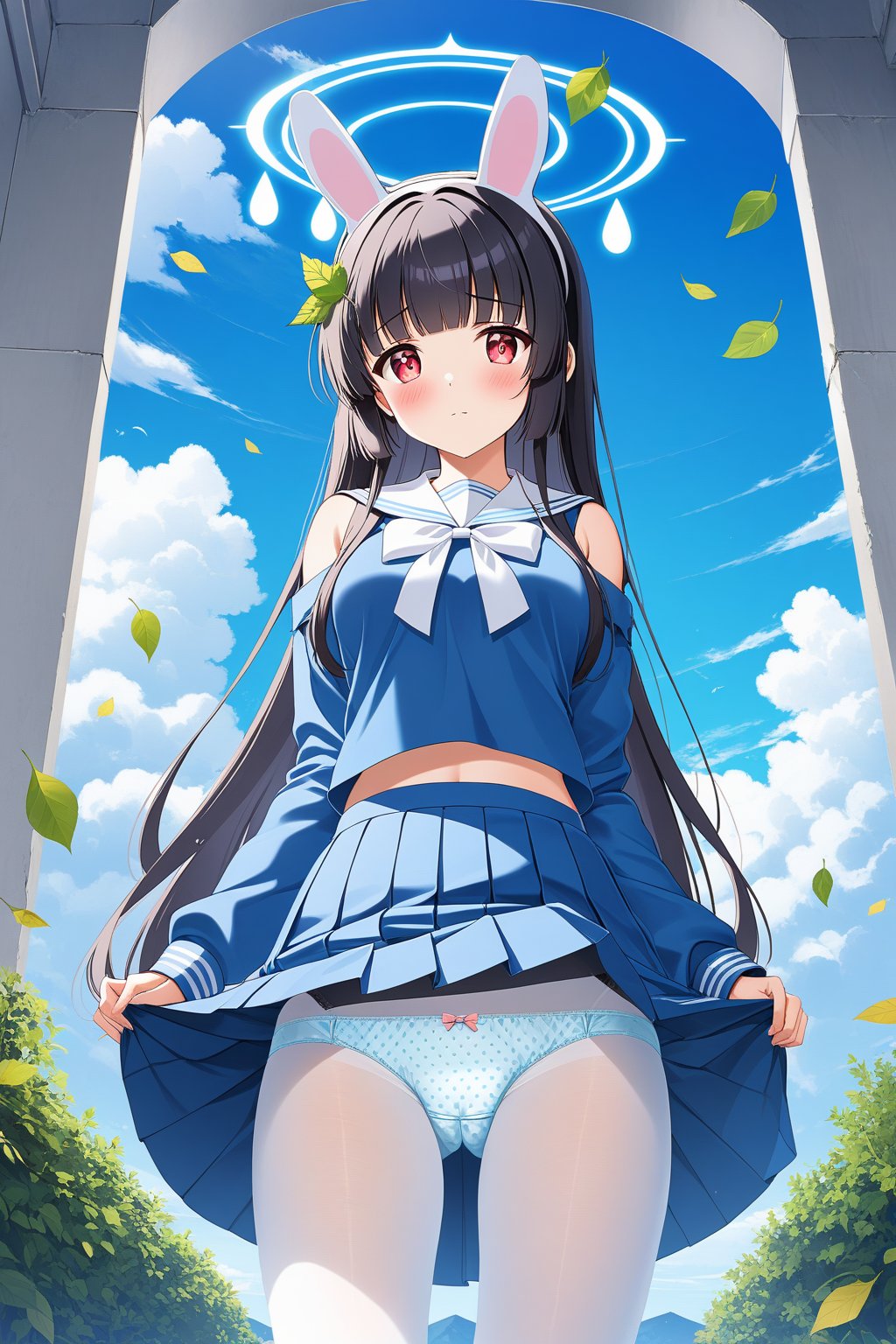 1girl,solo,long hair,looking at viewer,blush,bangs,skirt,shirt,black hair,red eyes,long sleeves,bow,animal ears,bare shoulders,very long hair,closed mouth,underwear,school uniform,standing,panties,pantyhose,pleated skirt,hairband,outdoors,sky,serafuku,day,cloud,blunt bangs,bowtie,sailor collar,off shoulder,clothes lift,rabbit ears,white panties,blue sky,blue skirt,fake animal ears,leaf,halo,skirt lift,polka dot,blue shirt,white bow,lifted by self,bow panties,panties under pantyhose,white pantyhose,white sailor collar,white hairband,leaf on head,polka dot panties,blue serafuku,miyu \(blue archive\),