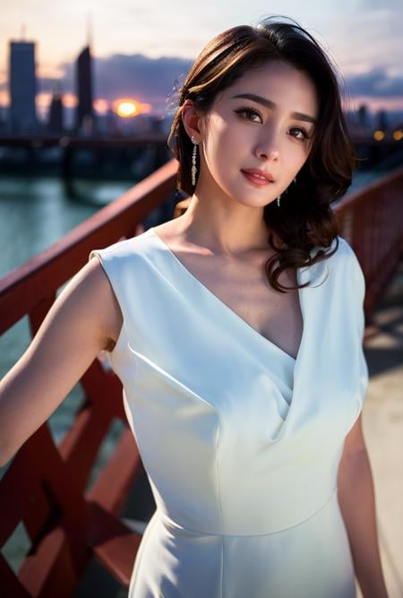 <lora:yangmi2:0.92:lbw=1,0,0,0,1,1,0,0,1,1,1,1,1,1,1,1,1>yangmi face,yangmi body,good hands,perfect hands,pose,supermodel,There's a beauty standing on the Brooklyn Bridge in New York, the city that never sleeps. She's like a delicate bloom in a sea of concrete, a beacon of beauty in a world of hustle and bustle.The sun is slowly setting, painting the sky with a rainbow of colors that reflect off the waters of the East River. The bridge is bathed in a golden hue, and the beauty stands there, taking it all in. Her long, wavy hair flows in the gentle breeze, and her eyes sparkle like diamonds against the backdrop of the setting sun.She wears a simple yet elegant dress that flows with her every movement, a testament to her effortless grace. She seems to be suspended in time, a moment captured in all its glory, the perfect combination of natural beauty and urban decay.Around her, the city rumbles and buzzes, but she remains unperturbed, lost in her own world. She's the picture of stillness amidst the chaos, a study in contrasts that only adds to the allure of the moment.The camera captures her profile, the perfect curve of her cheekbone, the delicate arch of her eyebrow, and the soft, inviting smile that plays on her lips. It's as if the world has paused to take a breath, to appreciate the beauty that is both ethereal and earthy, delicate yet resilient.She turns her head slightly, her gaze fixed on something in the distance, her expression unreadable. The setting sun casts a warm glow on her face, highlighting her features with an almost angelic radiance.As the scene fades to black, you can almost imagine her walking forward into the night, leaving only a trail of captivating beauty in her wake. She's not just a beauty, she's a symbol of hope and resilience in a city that never stops chasing its dreams.(black hair:1.34),(white dress:1.9),(white skin,),(pov:1.34)smile,(looking at viewer),supermodel,(depth of field:1.69),(long exposure:1.2),(dynamic motion:1.13),(Extreme Aestheticism:1.93),offical art,first person view,blurry background,(professional photograph:1.5),(8k, RAW photo, best quality, masterpiece:1.2), (realistic, photo-realistic:1.85), (ultra-detailed:1.5), highres<lora:epi_noiseoffset2:1>