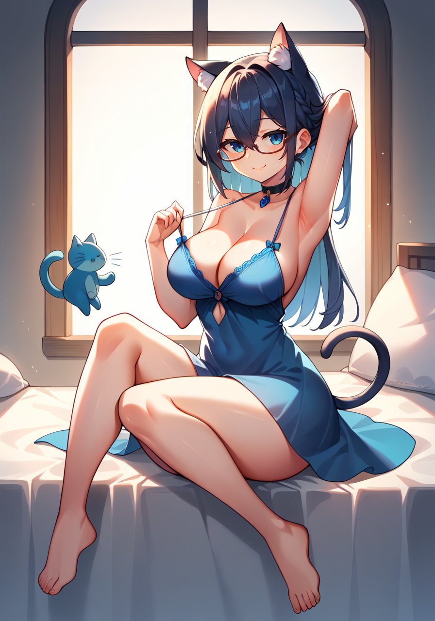 score_9, score_8_up, score_7_up, score_6_up, high quality, masterpiece, 8k, highres, detailed, aina_(mao_lian), 1girl, :d, animal_ears, armpits, bare_legs, black_choker, blue_dress, blue_eyes, breasts, cat_ears, cat_girl, cat_tail, choker, cleavage, dress, full_body, hair_between_eyes, large_breasts, lifting_covers, long_hair, on_bed, over-rim_eyewear, semi-rimless_eyewear, short_dress, sitting, smile, solo, spaghetti_strap, tail, yokozuwari