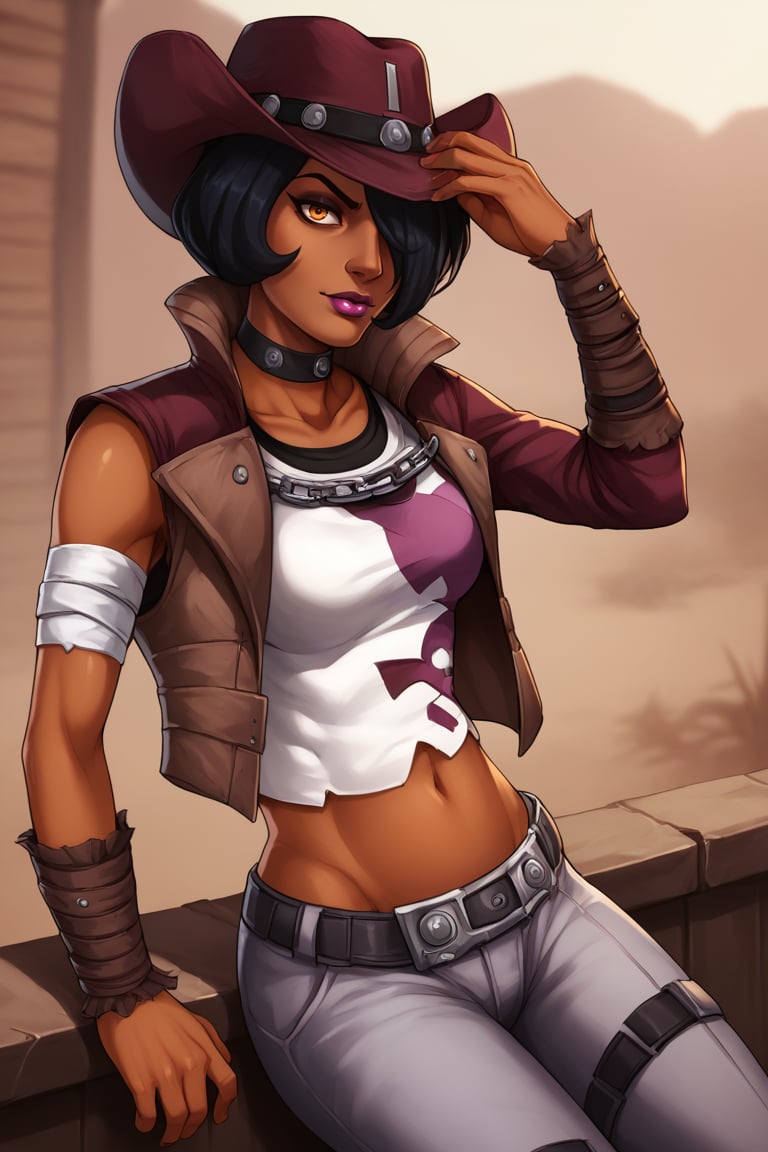 score_9, score_8_up, score_7_up, BREAK , 1girl, solo, looking at viewer, breasts, breasts, <lora:nishabl2-guy-v1PONYXL:.95>, nishabl2, cowboy hat, lipstick, hair over one eye, choker, makeup, dark skin, jacket, pants, midriff, belt, bandages,  <lora:shadmanPONYXL-guy-v1:0.9>, shadman, outdoors, 