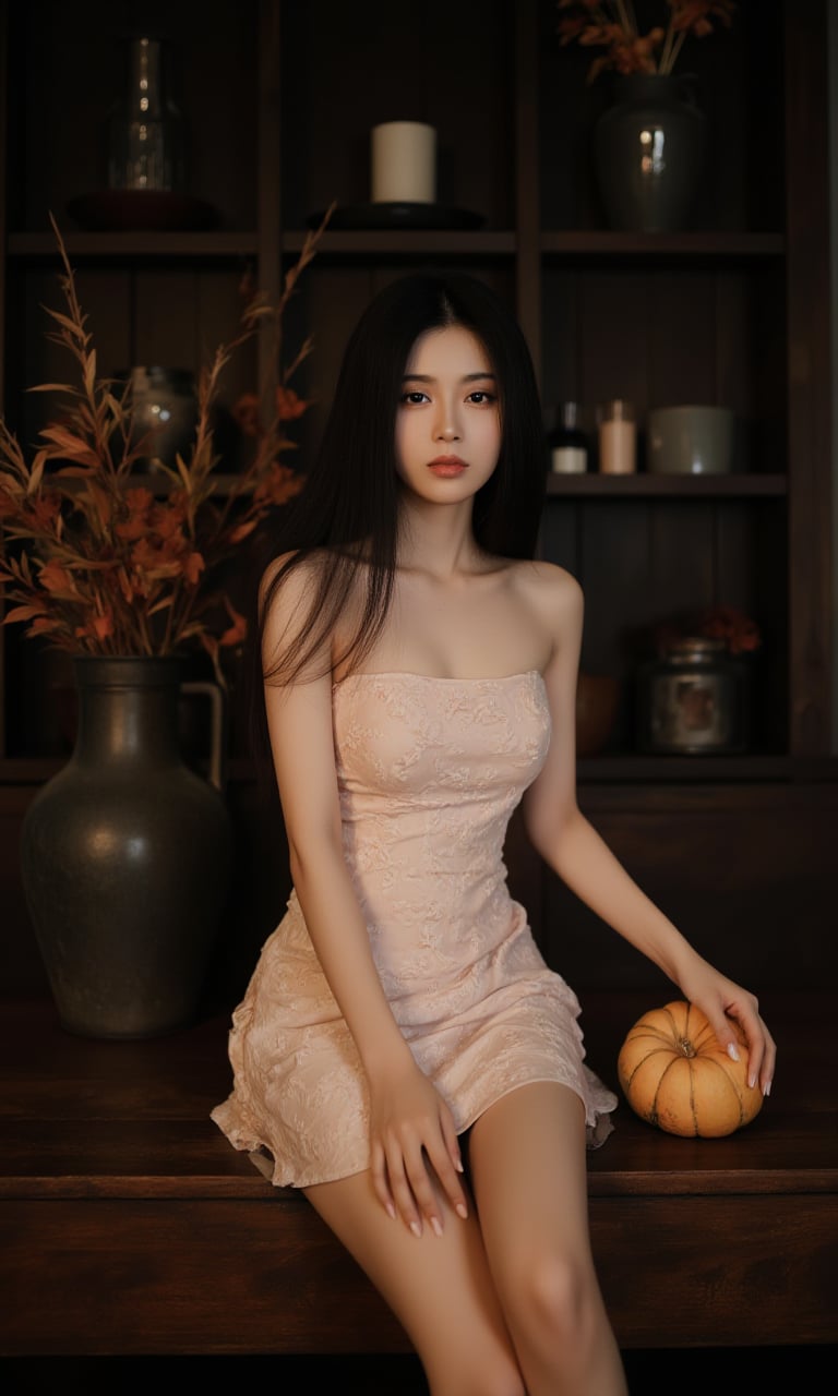 The image is a high-resolution photograph featuring an East Asian woman with long, straight black hair and fair skin. She is seated on a wooden table, her body angled towards the camera, with one leg bent and the other extended. She wears a strapless, form-fitting dress in a soft pastel color with a subtle floral pattern. The dress accentuates her slender physique and small breasts. Her expression is calm and slightly pensive, with her eyes gazing directly at the camera.In her right hand, she holds a small, round, yellow gourd. The background is dimly lit, with a dark wooden shelf filled with various items, including a candle and a vase with dried flowers, adding a rustic, cozy atmosphere to the scene. To the left, there is a large, metal vase containing autumnal foliage in shades of orange and brown, contributing to the seasonal feel of the setting. The table she sits on has a smooth, polished finish, and the texture of the wood is evident. The overall mood of the photograph is serene and intimate, with a focus on natural beauty and simple elegance