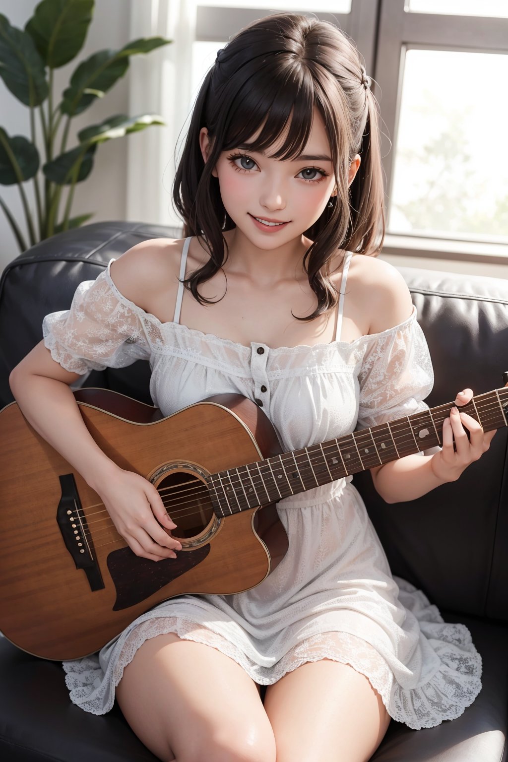 A cute 21 year old female wearing a cute dress sitting on couch holding an acoustic guitar looking at viewer smiling in livingroom