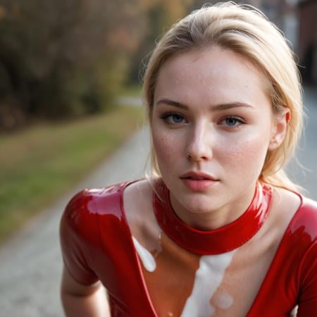 RAW photo, full body shot from the front of a beautiful blonde woman wearing a red latex shirt, (high detailed skin:1.2), 8k uhd, dslr, soft lighting, high quality, film grain, Fujifilm XT3focus on eyes, spotted light on her face, face towards sun, light on face, sun on face, backlit, rim light, focus on eyes, clear eyes, shiny eyes, glittering eyes, light reflections in his eyes, winter white skin, pale skin, dry skin, clear skin, (oiled skin:0.01), blush, flushed cheeks, visible skin detail, skin pores, imperfect skin, skin blemish, few freckles, skin fuzz, beauty spot, moles <lora:polyhedron_all_sdxl-000004:0.1>((background is an old fisher town))