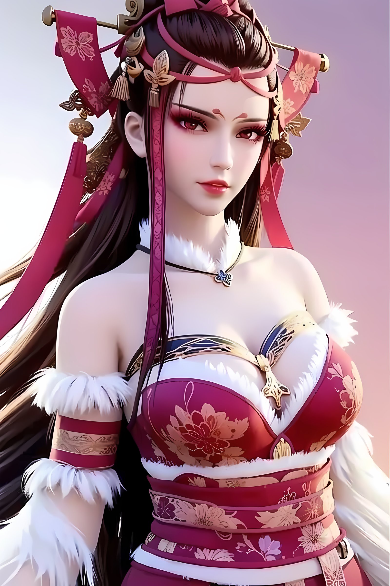 masterpiece, best quality,1girl,brown hair,red hanfu,(hair ornament:1.1),off shoulder, gradient background, white and pink background,  <lora:The Degenerate NvDi_v0.5:1>