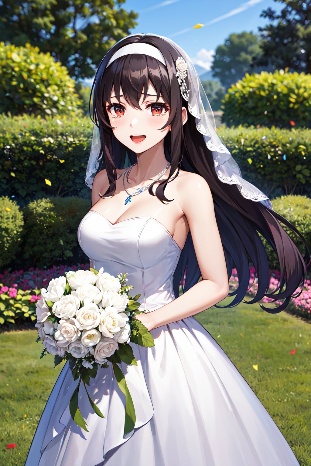 masterpiece, best quality, highres, aautaha, long hair, black hair, hairband, <lora:kasumigaoka_utaha_v2-1:0.7>, wedding dress, white dress, strapless, necklace, outdoors, garden, cowboy shot, holding bouquet, smile, open mouth, tears, standing, cowboy shot, confetti, 