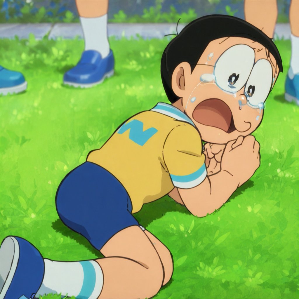 nobi nobita, 1boy, solo, crying, male focus, glasses, tears, black hair, shirt, shorts, socks, lying, on stomach, open mouth, yellow shirt, solo focus, blue footwear, crying with eyes open, official style, white socks, short hair, short sleeves, masterpiece, best quality,<lora:minamoto shizuka and nobita anim:1>