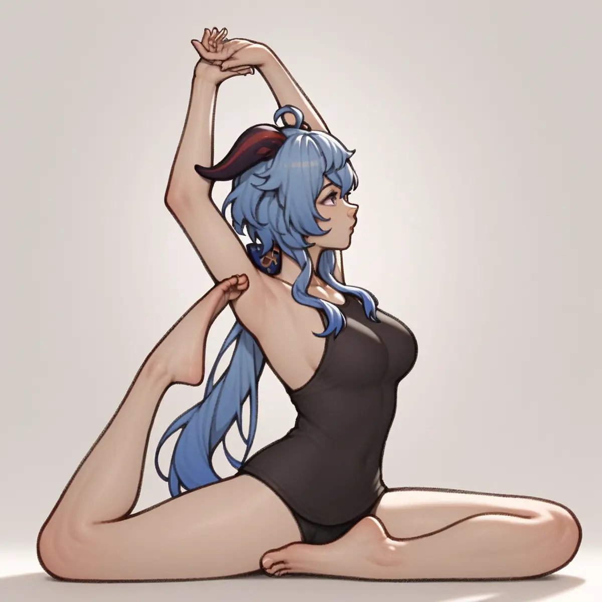 <lora:XL_yujia(pony)-000004:1>,yujia pose,1girl,solo,stretch,arms up,sitting,full body,profile,split,from side,feet,ganyu \(genshin impact\),, score_9,_up score_8_up,