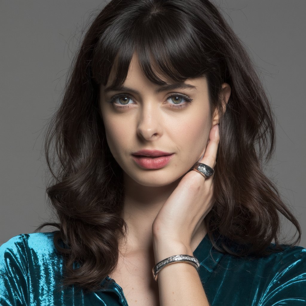 A close-up portrait of krysten_ritter with long, wavy brown hair. She has striking eyes and a neutral expression. She wears a teal velvet top and a silver bracelet on her right wrist. The background is a muted gray, contrasting with her vibrant blue eyes. Soft lighting illuminates her face and hair, creating a serene and contemplative mood.