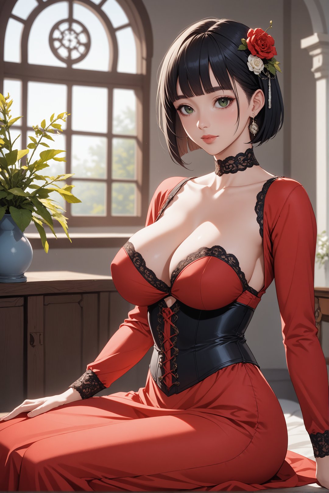 1girl, solo, breasts, looking at viewer, short hair, bangs, large breasts, black hair, hair ornament, long sleeves, dress, cleavage, jewelry, sitting, closed mouth, green eyes, collarbone, flower, earrings, choker, indoors, hair flower, blunt bangs, lips, fingernails, window, red dress, bob cut, corset, backlighting, long dress