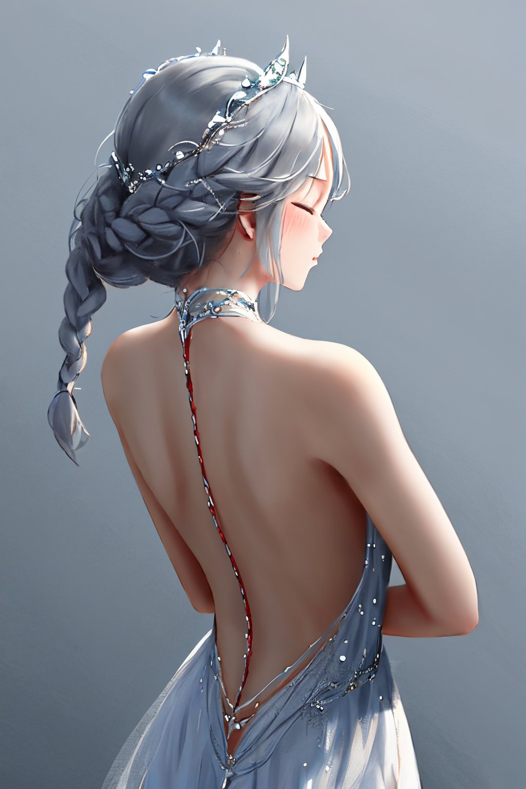 huiren01, 1girl, solo, dress, braid, bare shoulders, grey hair, from behind, arms behind back, back, backless dress, ballerina, upper body, backless outfit, closed eyes, back focus, tiara, white dress,<lora:guiren1.5:0.8>,, masterpiece, best quality,