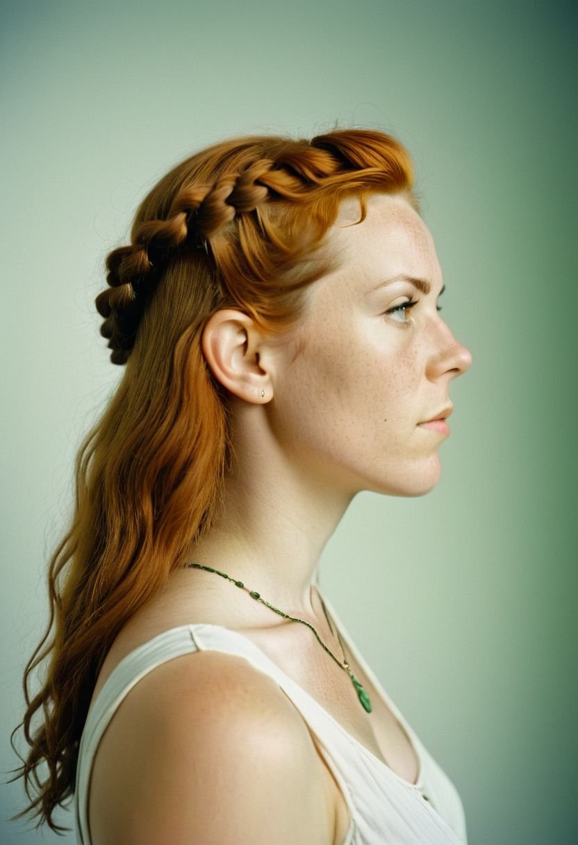 1girl, 35yo, portrait, plain background,Rolleiflex 2.8F, profile, Celtic druid