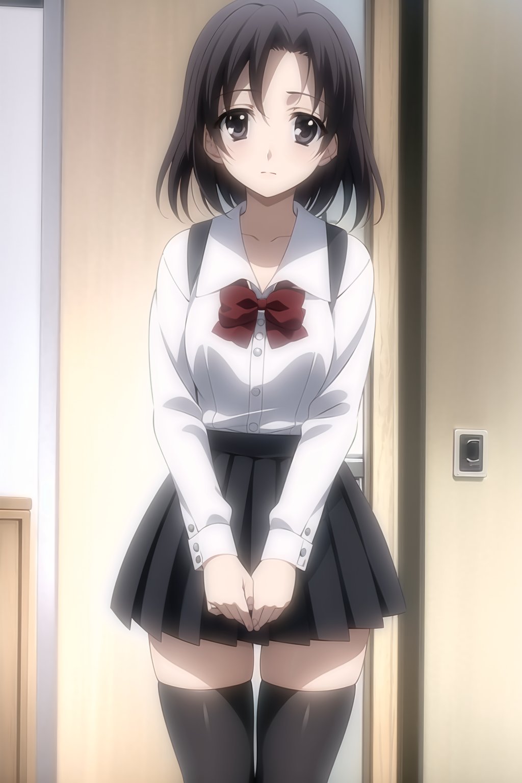 1girl, solo, (young woman, 16 years old), minami obuchi, short_hair, brown_hair, bangs, grey eyes,BREAK (waist-length skirt), thighhighs, school uniform, shoes, black thighhighs, zettai ryouiki, bow, red bow, white shirt,BREAK looking at viewer, standing, solo_female<lora:EMS-407829-EMS:0.600000>, <lora:EMS-29471-EMS:0.300000>