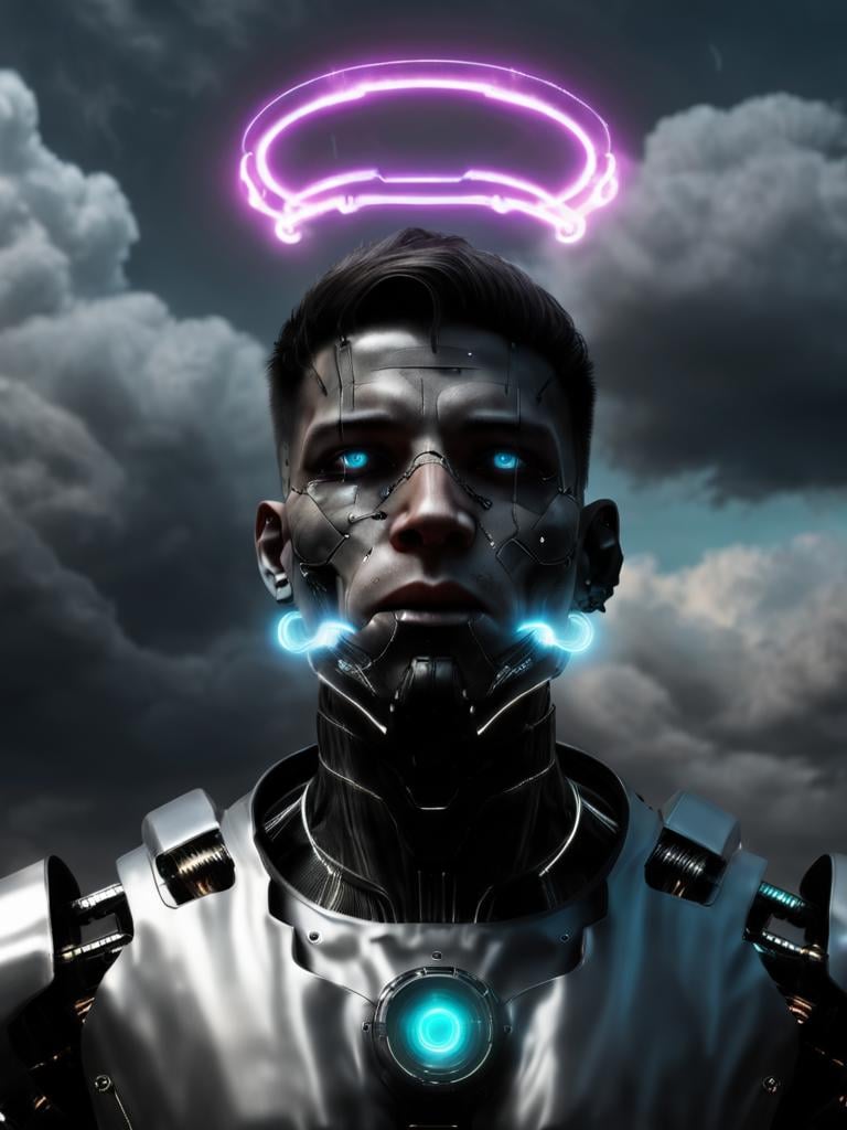 solo, looking_at_viewer, 1boy, male_focus, cloud, no_humans, glowing, halo, robot, glowing_eyes, smoke, science_fiction, realistic, cyborg, cyberpunk , <lora:Digital_Madness:0.75> 