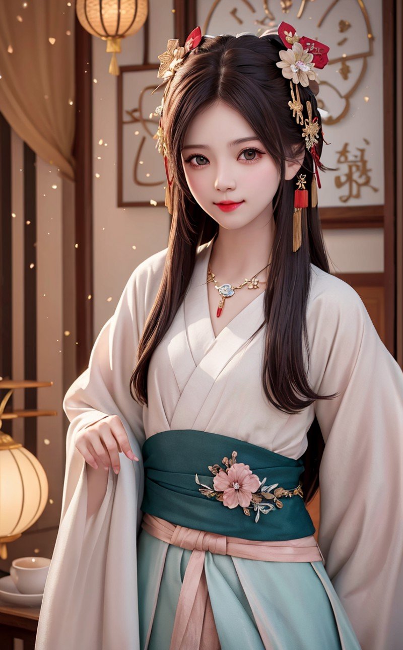 best quality, masterpiece, highres, 1girl,blush,(seductive smile:0.8),star-shaped pupils,red china hanfu,hair ornament,necklace, jewelry,Beautiful face,upon_body, tyndall effect,photorealistic, dark studio, rim lighting, two tone lighting,(high detailed skin:1.2), 8k uhd, dslr, soft lighting, high quality, volumetric lighting, candid, Photograph, high resolution, 4k, 8k, Bokeh,(small head)