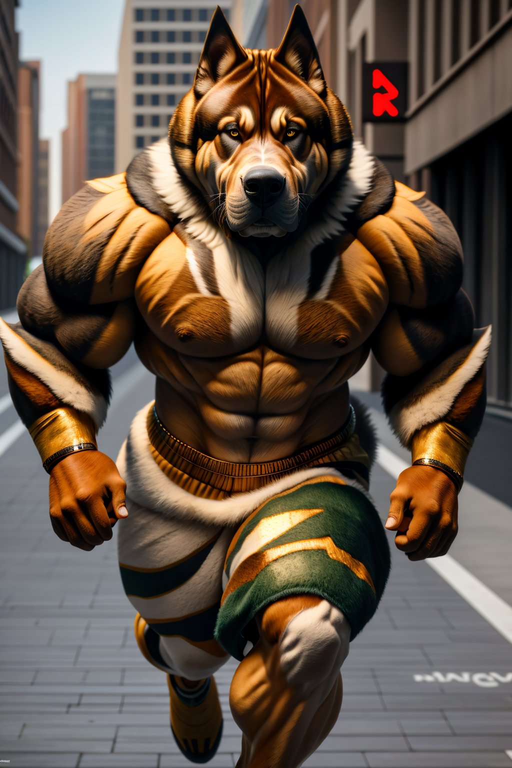 Masterpiece of photorealism, highly detailed 8k raw photo, volumetric lighting and shadows, full body view of a muscular dgbll running on the street, realistic fur texture <lora:A Random Humanized Dog v2.0:1>