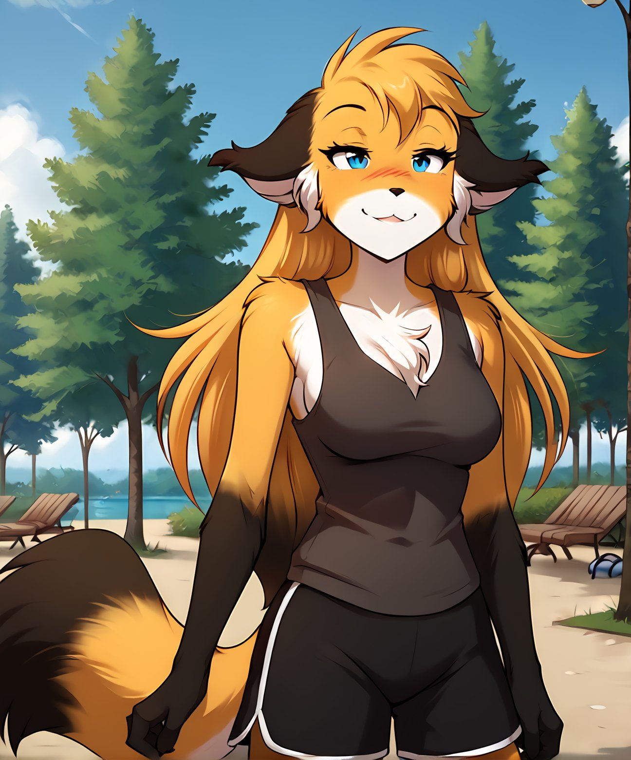 score_9, score_8_up, score_7_up,score_6_up,score_5_up, source_furryBREAKsolo, furry female anthro, long hair, medium breasts, (blushing, seductive, smug), tank top, gym shorts, (outdoors, park), upper body shotBREAK<lora:Mike-Twokinds-SDXL-AnonTK-V1-000012:1>, mike-twokinds, keidran, mammal, fox tail, blue eyes