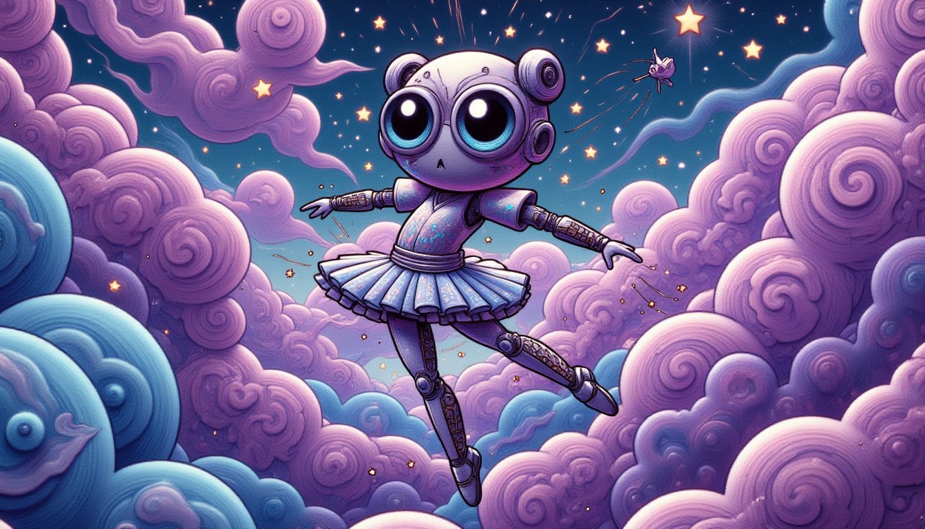 A cybernetic ballerina, with iridescent circuits visible beneath her transparent skin, floats in zero gravity amidst a nebula of swirling purple and blue gases, executing a flawless double aerial while her delicate mechanical limbs leave trails of glittering stardust.