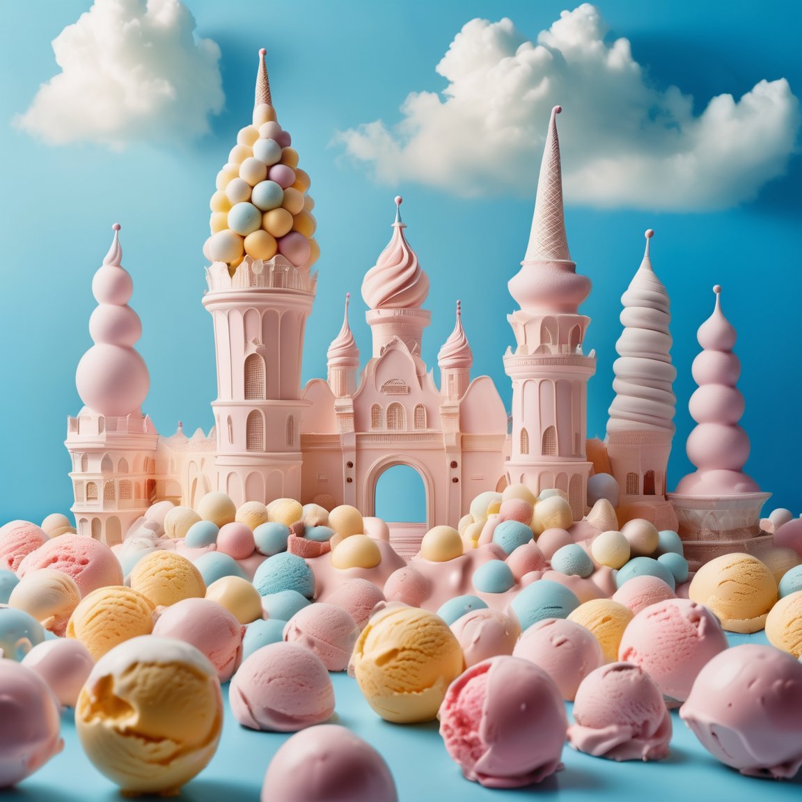 babycream,Surreal photography,whimsical ice cream world photos, a lovely castle of ice cream balls. The city is a small ice cream shop on both sides,The background is blue,cloud<lora:EMS-382534-EMS:0.800000>