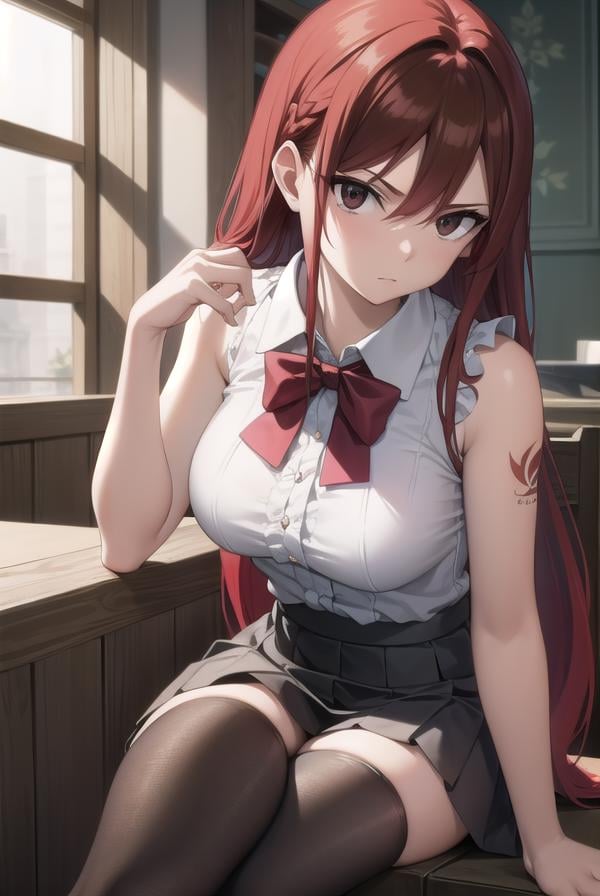 erzascarlet, <lora:erza scarlet v2-lora-nochekaiser:1>,erza scarlet, long hair, (red hair:1.5), hair between eyes, (brown eyes:1.7),BREAK skirt, shirt, bow, boots, sleeveless, sleeveless shirt, tattoo, white shirt, frills,BREAK indoors, guild, bar,BREAK looking at viewer,BREAK <lyco:GoodHands-beta2:1>, (masterpiece:1.2), best quality, high resolution, unity 8k wallpaper, (illustration:0.8), (beautiful detailed eyes:1.6), extremely detailed face, perfect lighting, extremely detailed CG, (perfect hands, perfect anatomy),