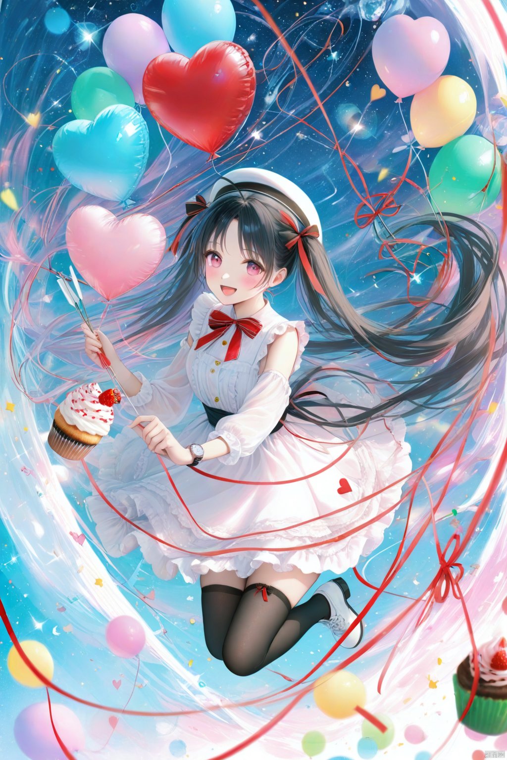 (masterpiece),(best quality),illustration,ultra detailed,hdr,Depth of field,(colorful),Artist sakura shiori, 1girl, solo, heart, thighhighs, long hair, balloon, envelope, twintails, black thighhighs, love letter, cupcake, hat, dress, smile, letter, bow, white footwear, black hair, looking at viewer, long sleeves, wings, open mouth, beret, very long hair, frills, :d, food, ahoge, blush, heart balloon, sparkle, holding, pink eyes, shoes, full body, white headwear, shirt, ribbon, white shirt, string of fate, frilled dress, string, sleeveless dress, arrow (projectile), rainbow, watch<lora:EMS-369296-EMS:1.500000>