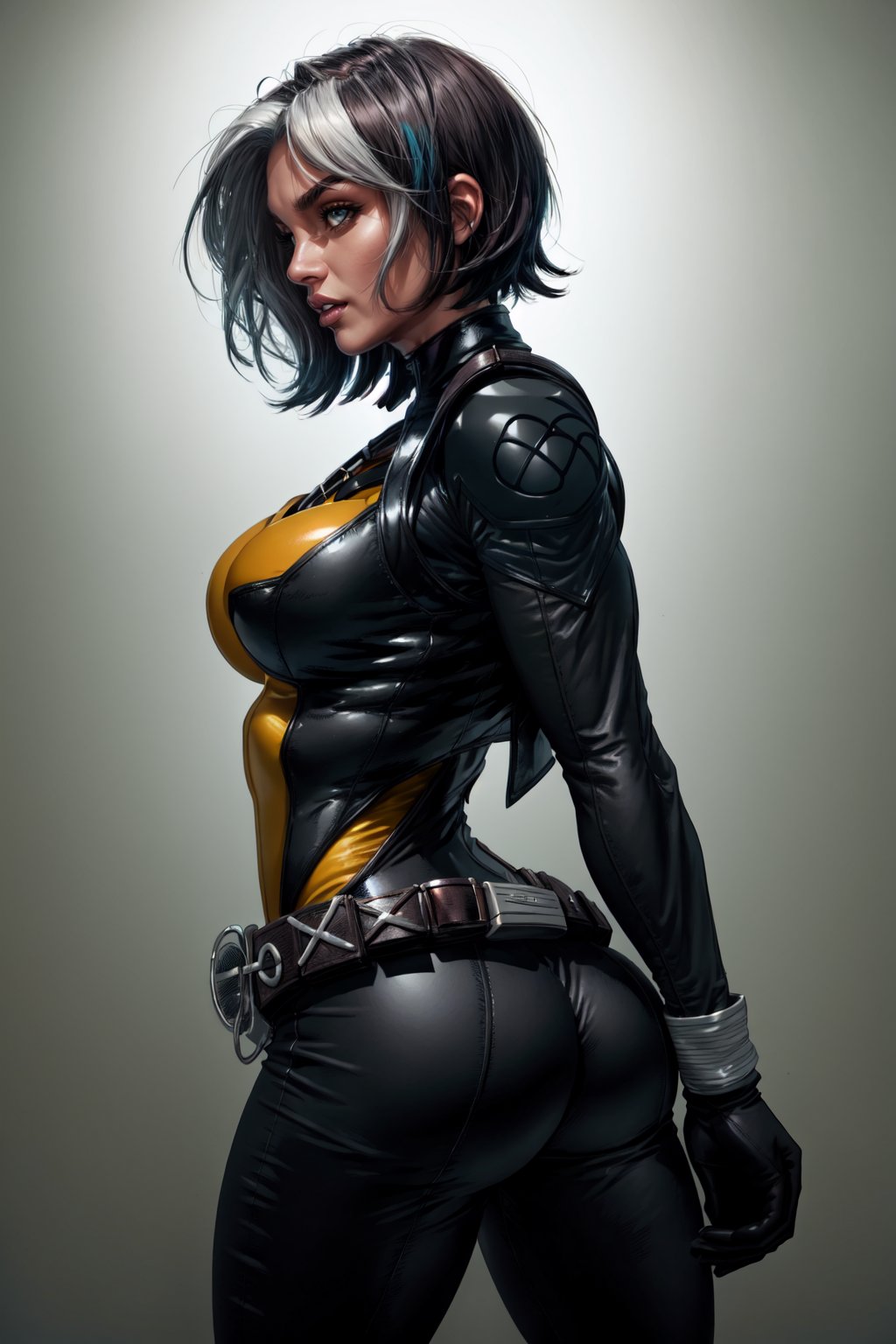 Savage, Classic, Southern Belle, Superhero, Rogue, Xtreme, breasts, looking at viewer, short hair, black hair, medium breasts, ass, belt, vest, from side, lips, realistic, black bodysuit, split-color hairEarthPorcelain,<lora:RogueRetrain:1>