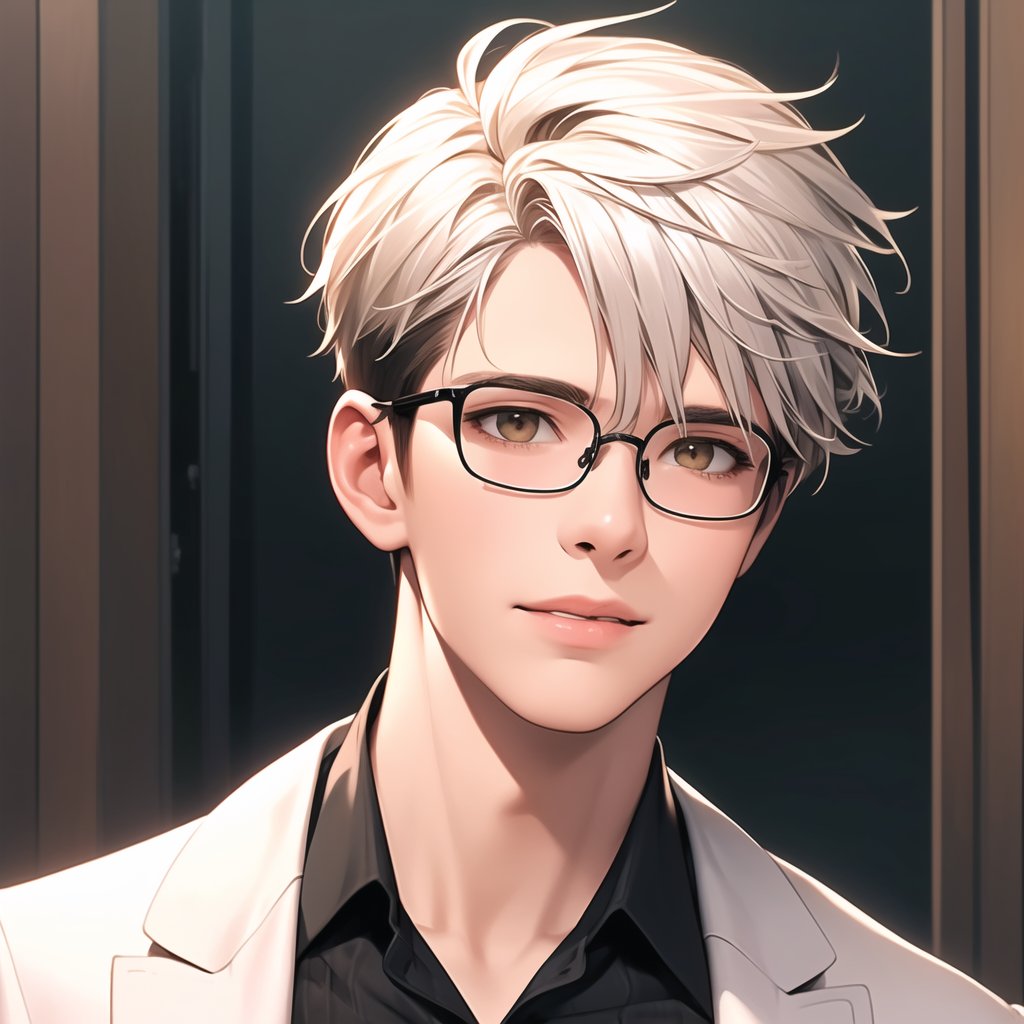 parameters realistic,vibrant colors,high level of detail.(masterpiece:1,2),(1 boy:1.2),best quality,HD,4k,masterpiece,perfect lighting,(extremely detailed CG:1.2),with a sharp mouth,black suit,gold frames,courtroom,solo,detailed face,(gold-rimmed glasses:1.1),white hair,brown eyes,solo,talk,(thin smile:1.1),