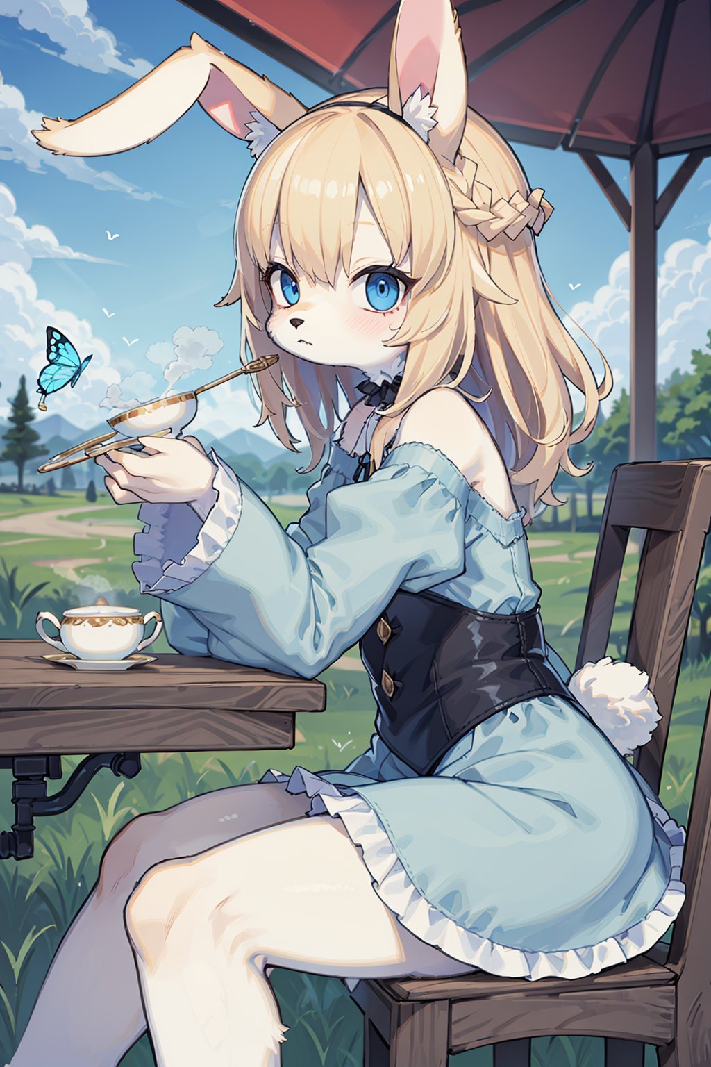 ((masterpiece, best quality)),furry, animal ears,  tail, bodyfur, 1girl, animal_ears, arm_rest, blonde_hair, blue_eyes, blurry, braid, bug, butterfly, choker, cup, depth_of_field, dress, french_braid, frilled_skirt, frilled_sleeves, frills, from_side, gazebo, juliet_sleeves, long_sleeves, outdoors, painterly, pipe, puffy_sleeves, rabbit_ears, skirt, solo, steam, teacup, wide_sleeves