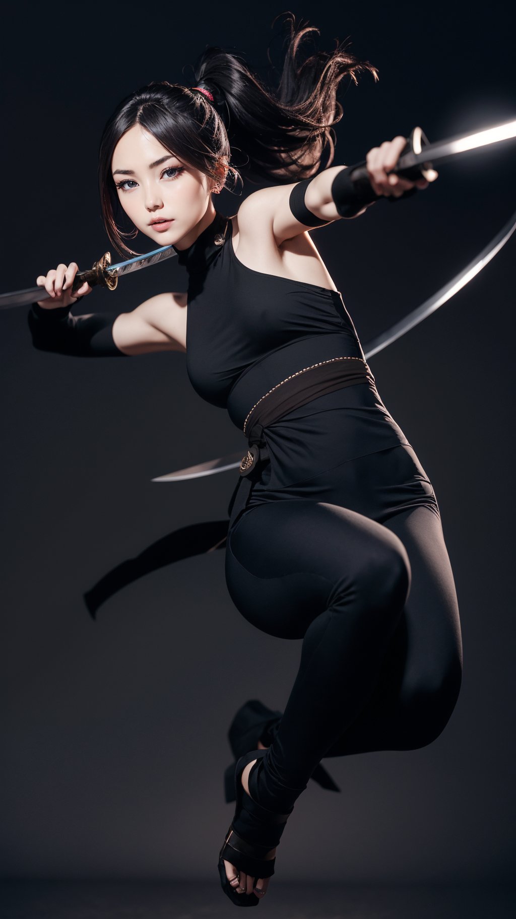 Beautiful girl fused with a spider. Kunoichi. Ninja Woman. Female Solo,holding a katana,jumping,attack