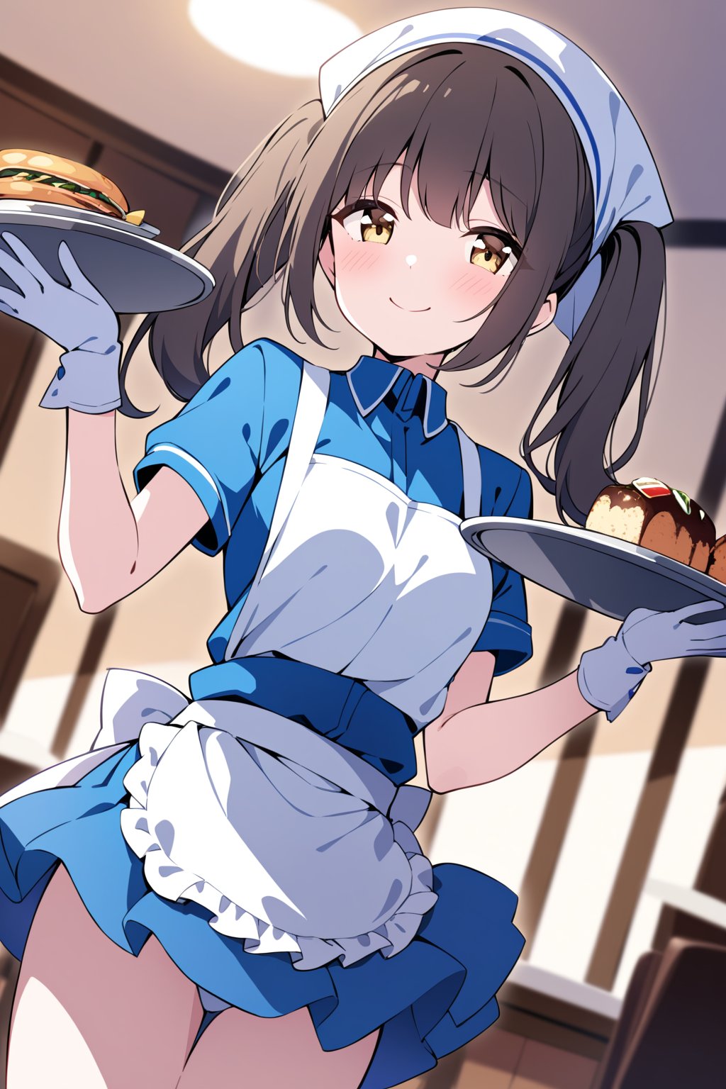 cowboy shot, sunohara shizuka, 1girl, sidelocks, brown eyes, twintails, smile, apron, blue shirt, blue skirt, frilled apron, frills, gloves, head scarf, shirt, short sleeves, skirt, uniform, waist apron, waitress, white apron, white gloves, food, tray, food tray, indoors, restaurant, looking at viewer, dutch angle, cowboy shot, vibrant lighting, high contrast, dramatic shadows, highly detailed, detailed skin, depth of field, masterpiece, best quality, expressive eyes, perfect face, perfect body, beautiful girl, cute girl, <lora:sunohara shizuka anit 2:1>