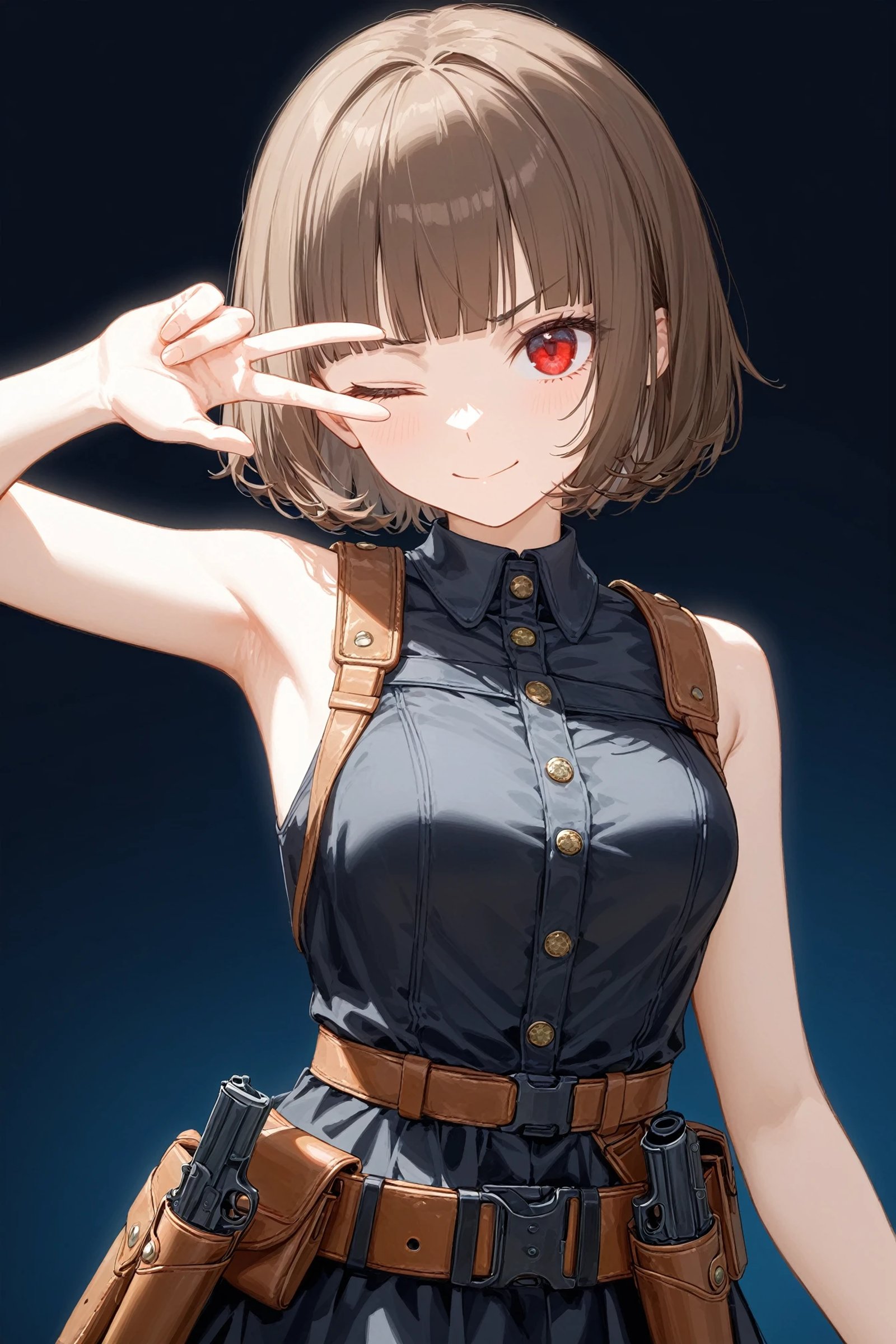 1girl, solo, armpits, belt, black background, black belt, black dress, blue background, blunt bangs, brown hair, buttons, closed mouth, dress, gun, hand up, handgun, holster, holstered, light smile, looking at viewer, one eye closed, red eyes, revolver, short hair, upper body, utility belt, v, v-shaped eyebrows, watch, masterpiece, best quality